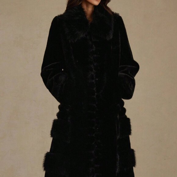 Black Casual Women's Faux Mink Long Over-The-Knee Coat - Picture 4 of 8